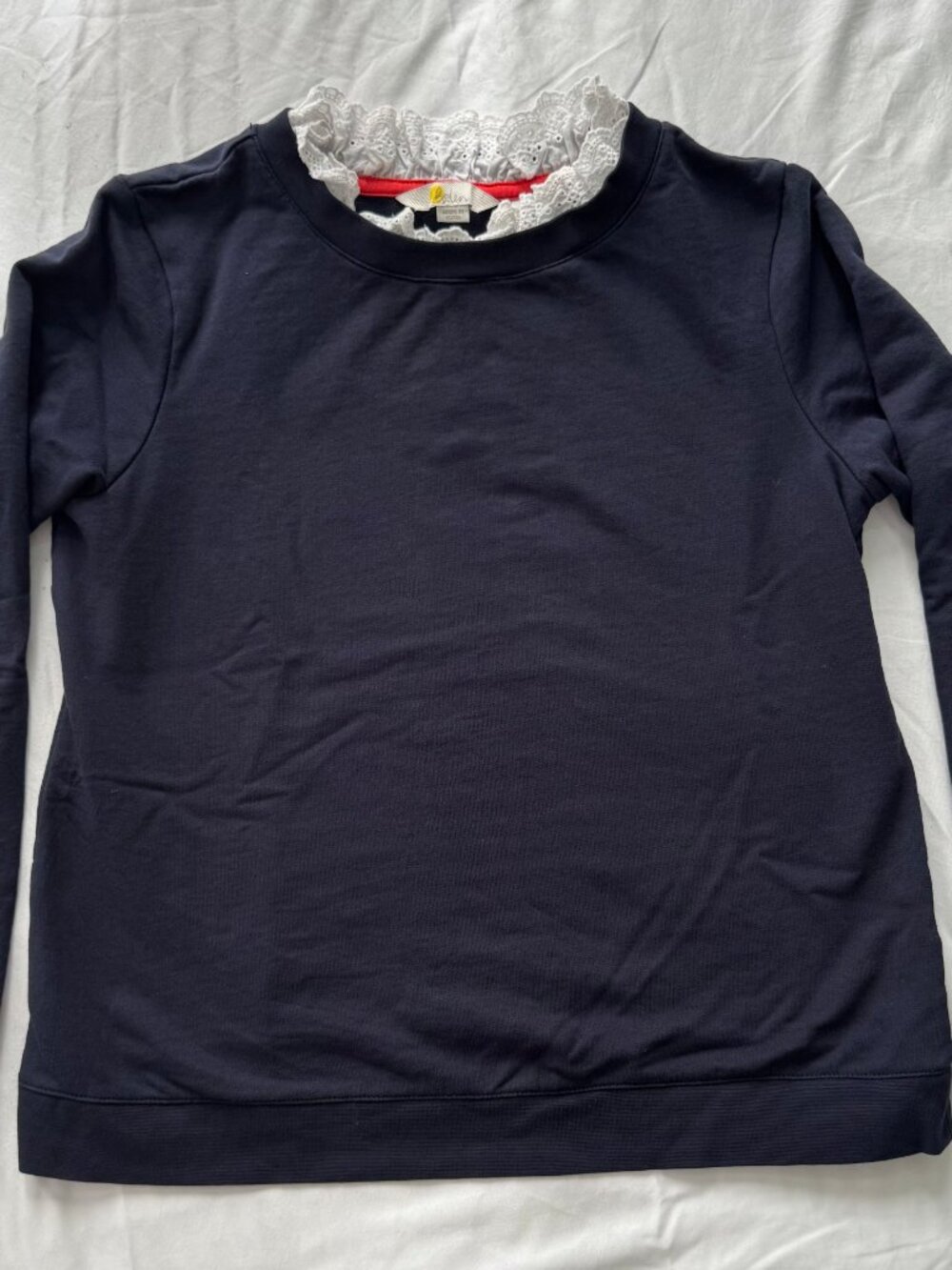 Boden Navy Long Sleeve Sweatshirt | White Eyelet Lace Ruffle Trim | Size S